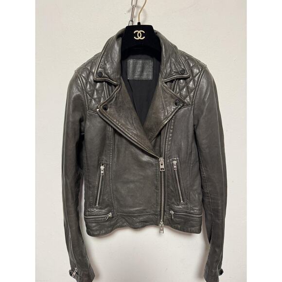 AllSaints Leather Biker Jacket Womens 4 Gray Conroy Quilted Shoulders Moto Zip - Picture 1 of 15